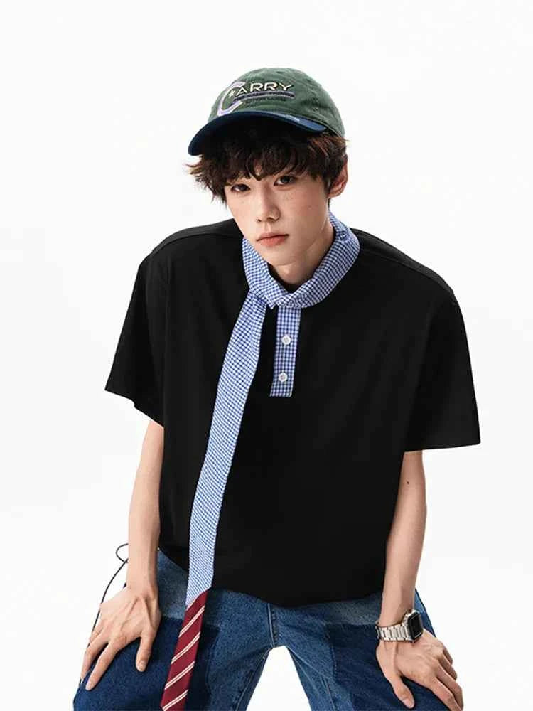 Gingham Tie Collar Oversized Short Sleeve T-Shirt