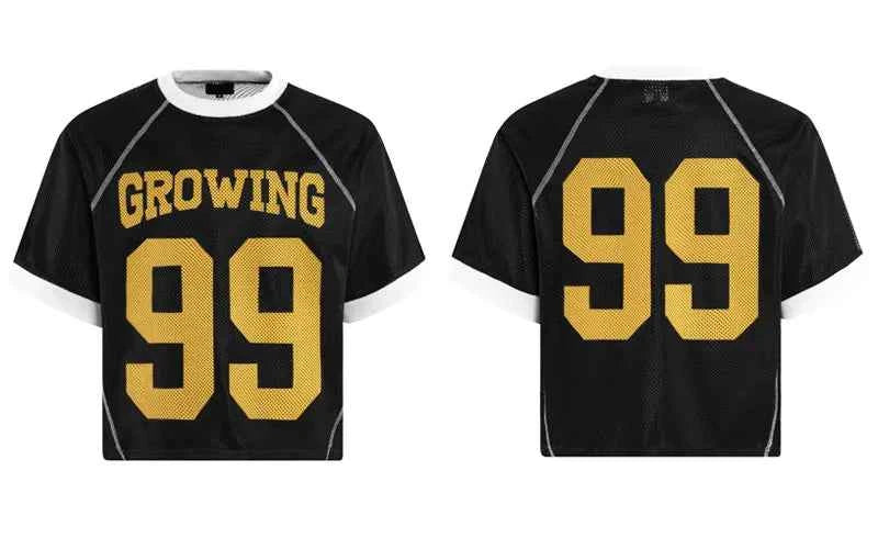 Y2K Patchwork Mesh O-Neck Collar Graphic Sport T-Shirt