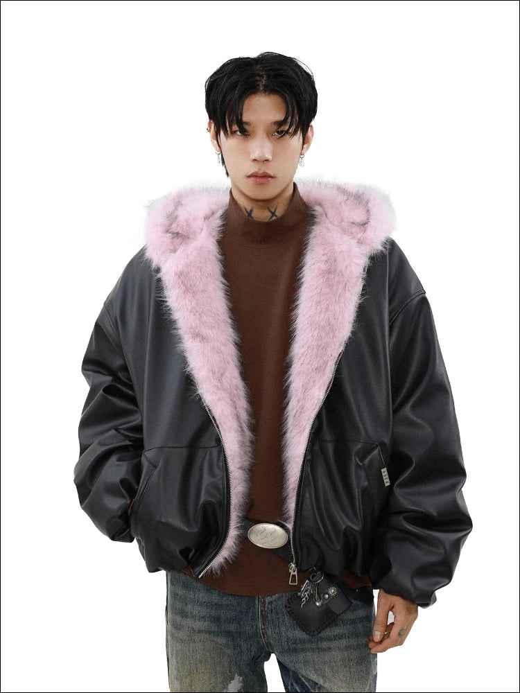 Streetwear Chic Plush Padded Parka Leather Jacket