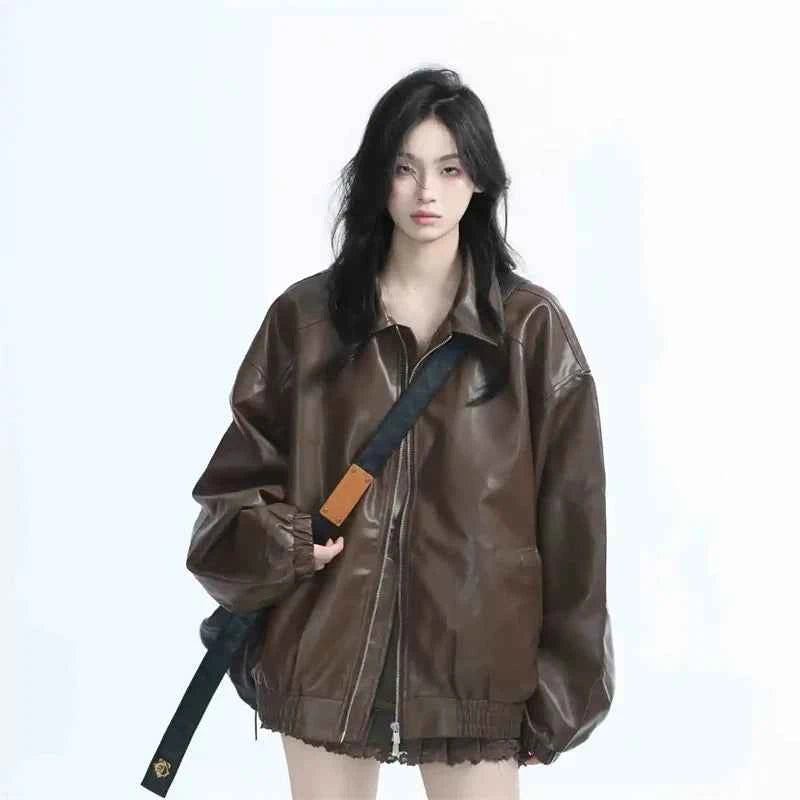 Women Vintage Zipper Faux Leather Jacket