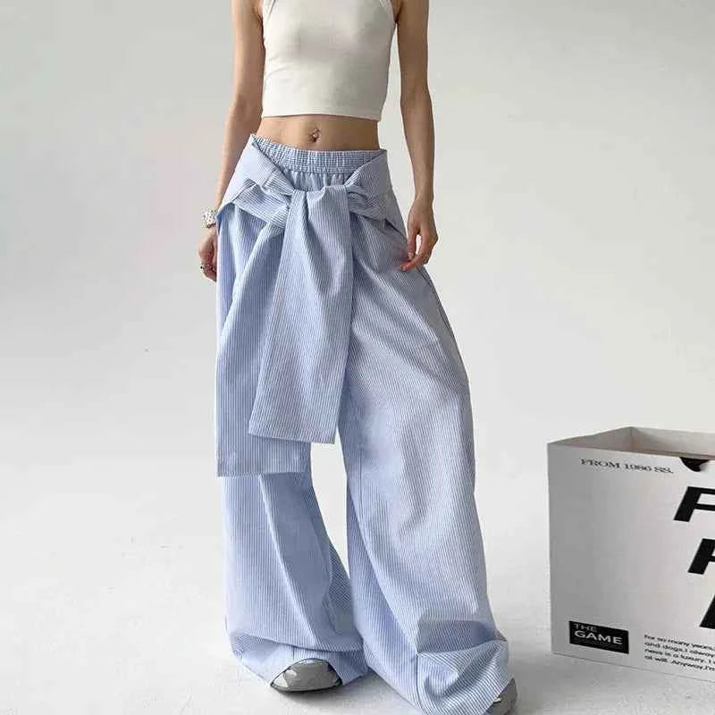 Women Vintage Korean Striped Lace-Up Pants