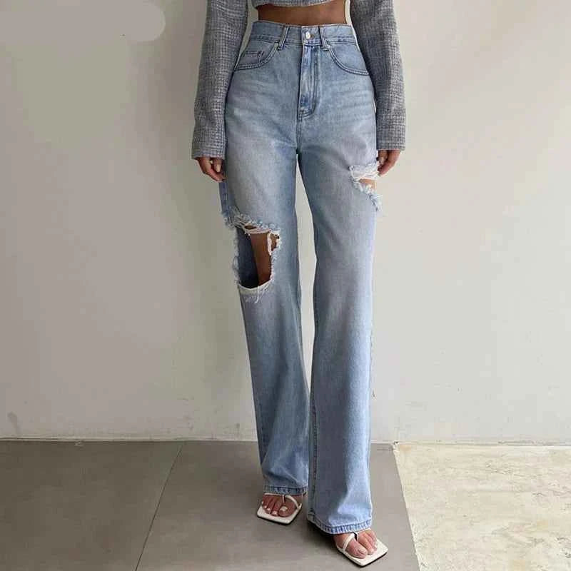 Stylish High Waist Ripped Denim Jeans