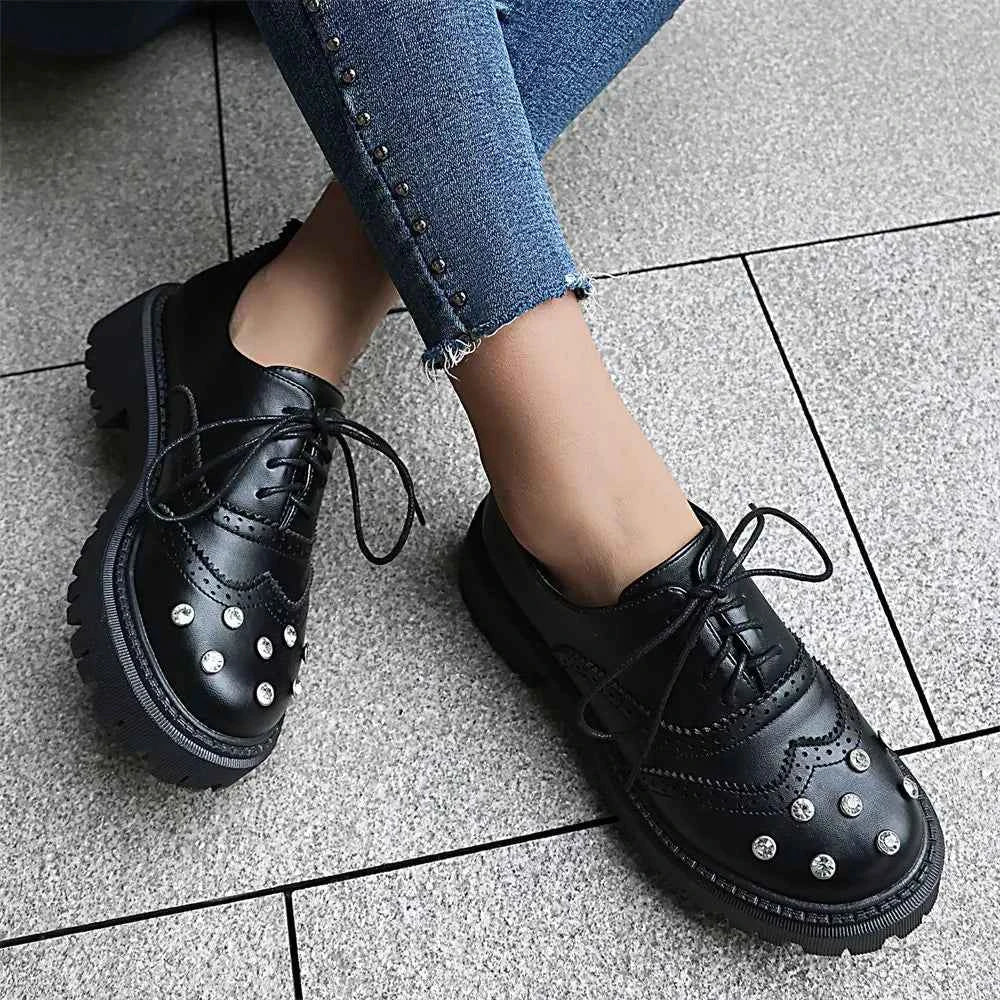 Vintage Rhinestone Brogue Lace-Up Chunky Heels Shoes