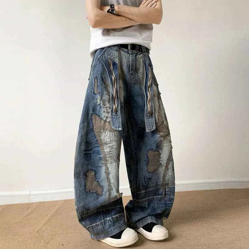 Flexible Patched Ribbon Loose Wide Leg Jeans