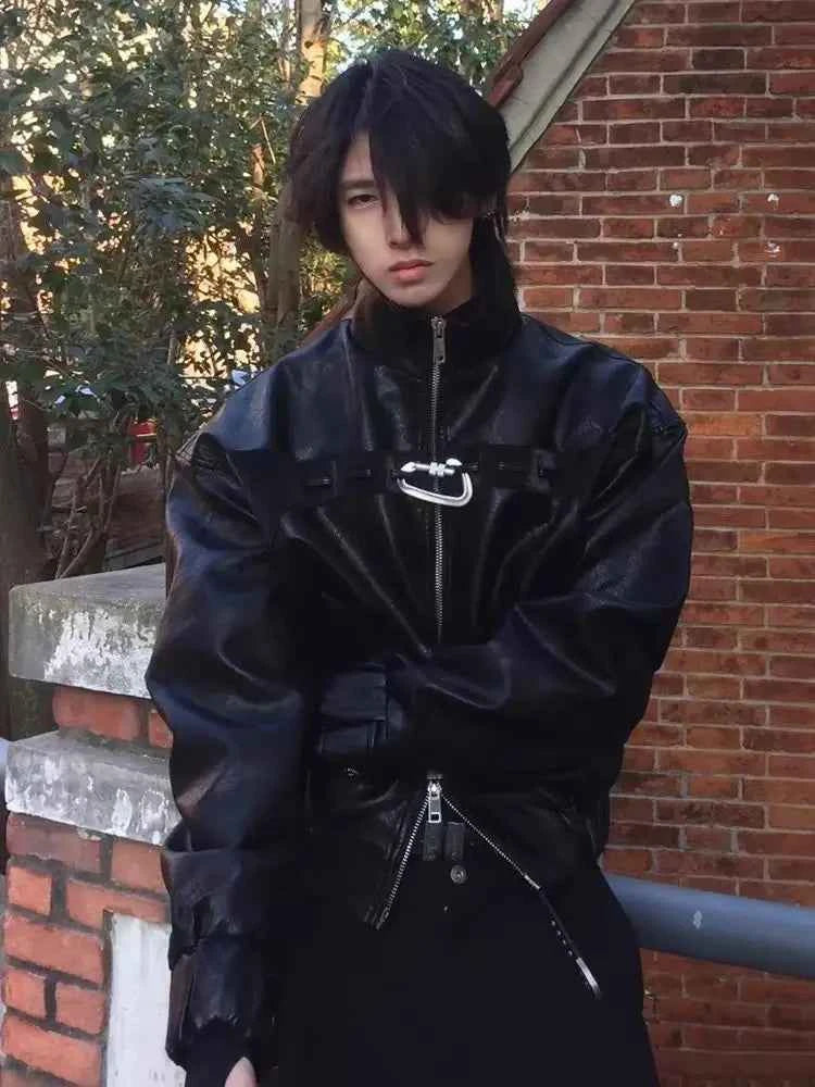 Black Stand Collar PU Leather Jacket