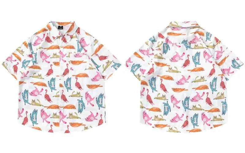 Flattering Funny Cartoon Cat Beach Button Shirt
