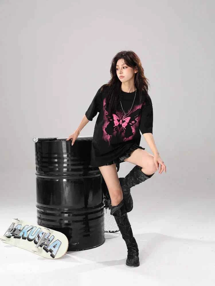 Women Streetwear Butterfly Print Loose Fit T-Shirt