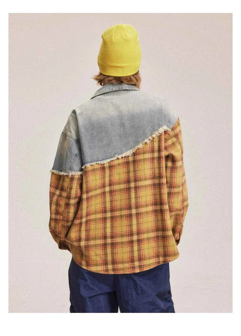 Autumn Plaid Distressed Denim Long Sleeve Shirt