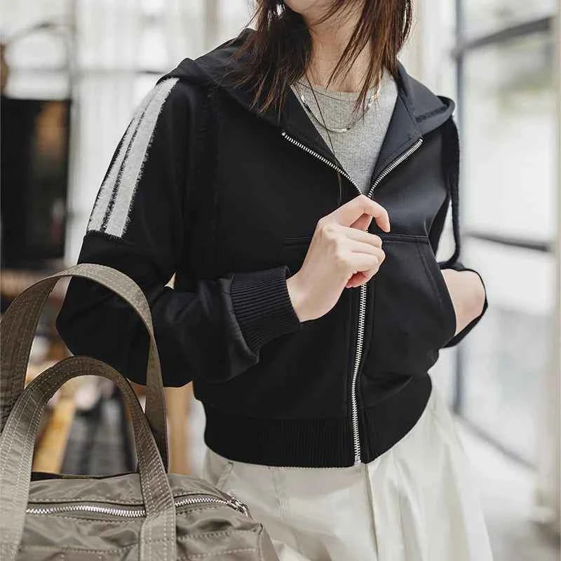 Black Striped Zipper Sweatshirt