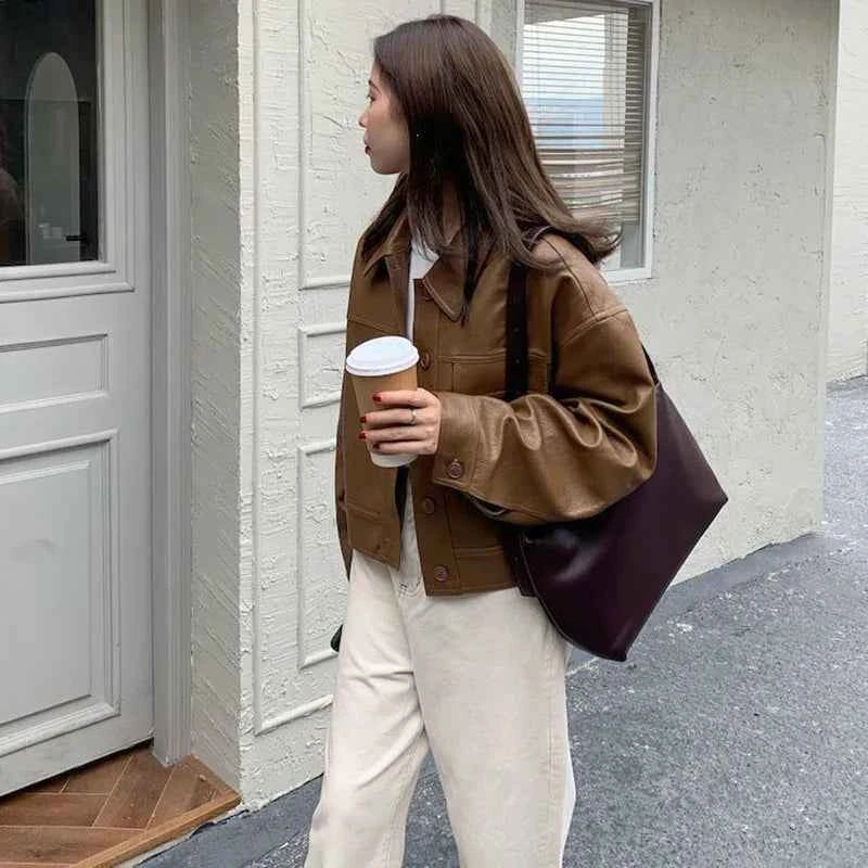 Women Classic Comfort Vintage Faux Fur Biker Leather Jacket