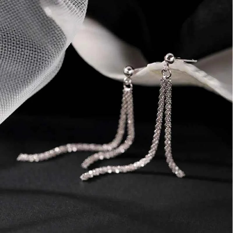 Trendy Chic Silver Tassel Long Earrings