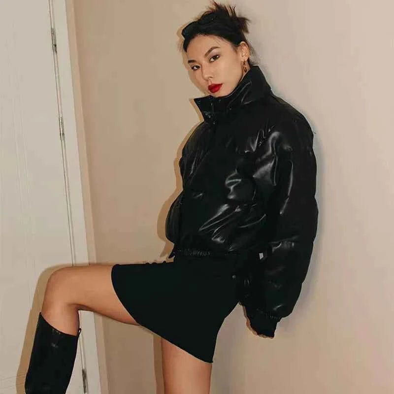 Women Stylish Black PU Winter Leather Jacket