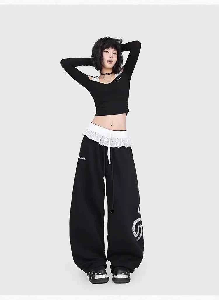 Snake Patch Embroidery Lace Hip Pants