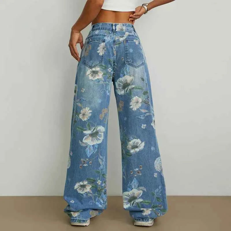 Vintage Flower Mid-Waisted Loose Straight Leg Jeans