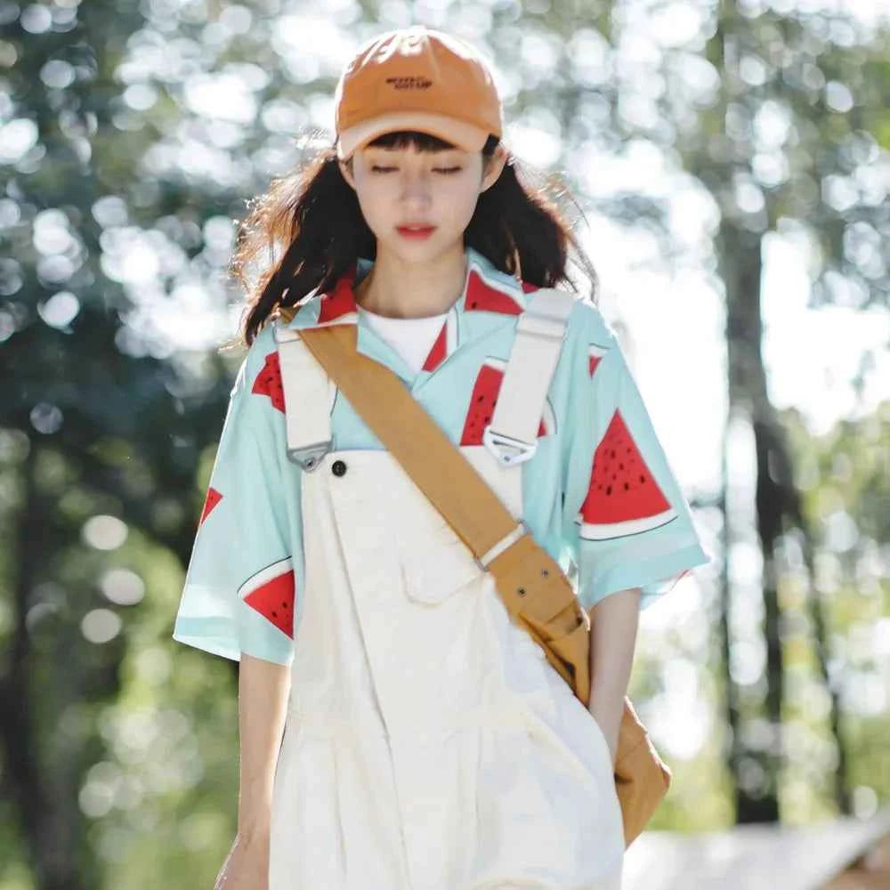 Watermelon Print Loose Collar Beach Shirt