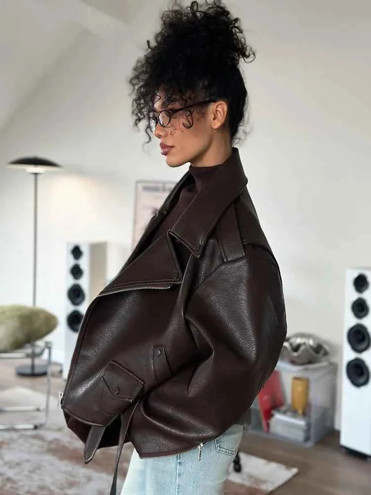 Solid Color Lapel Lace-Up Leather Jacket