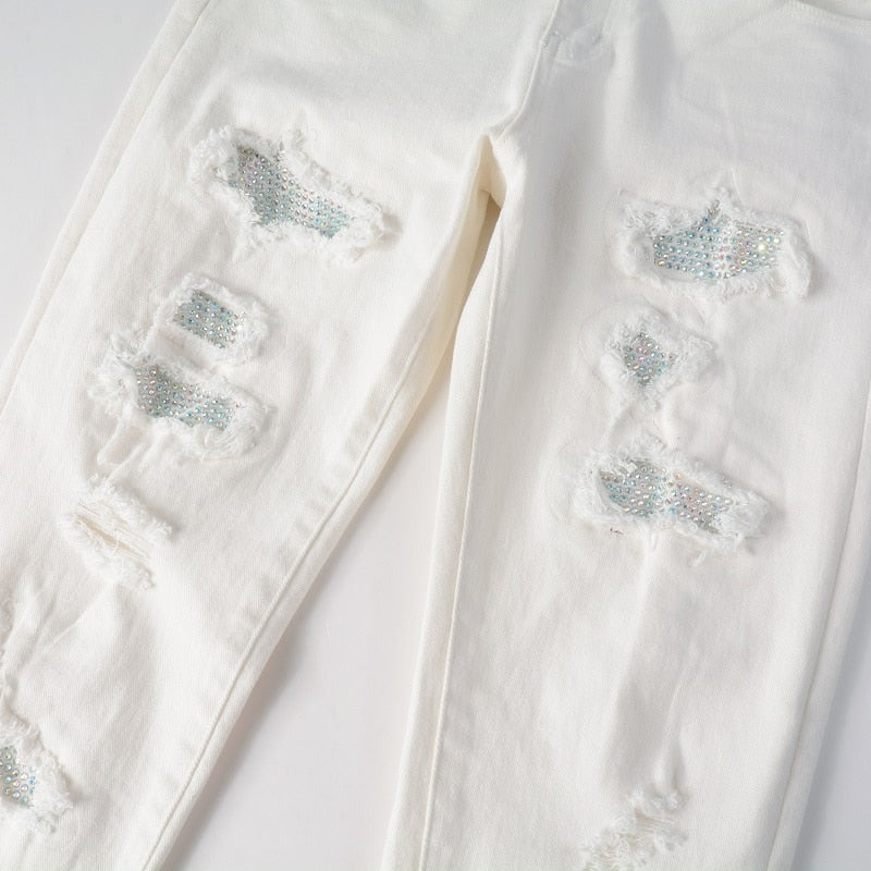 White Distressed Rhinestone Slim Jeans