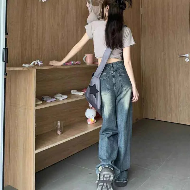 Street Denim Blue Loose Hole High Waist Jeans