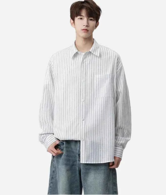 Pinstriped Casual Loose Fit Long Sleeve Shirt
