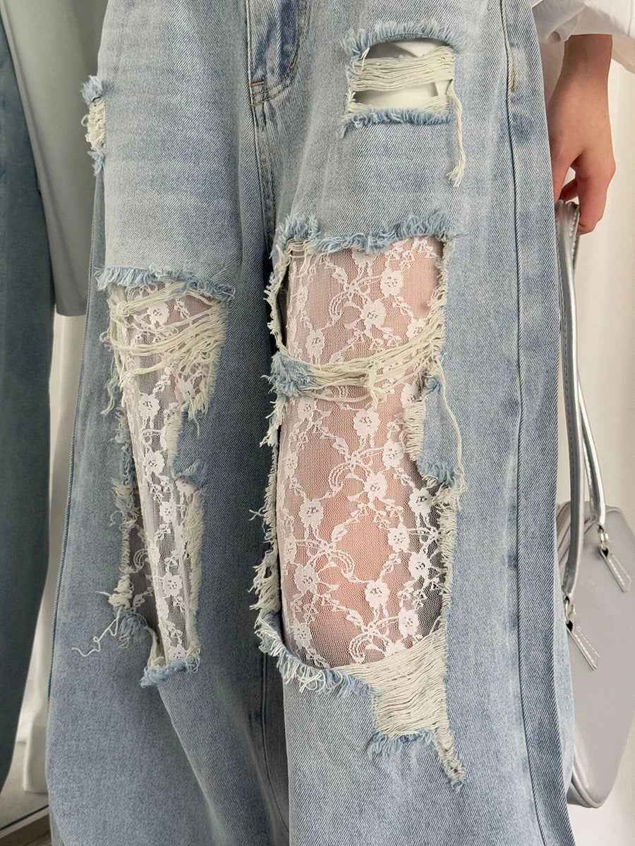 Women Retro Chic Lace Baggy Jeans