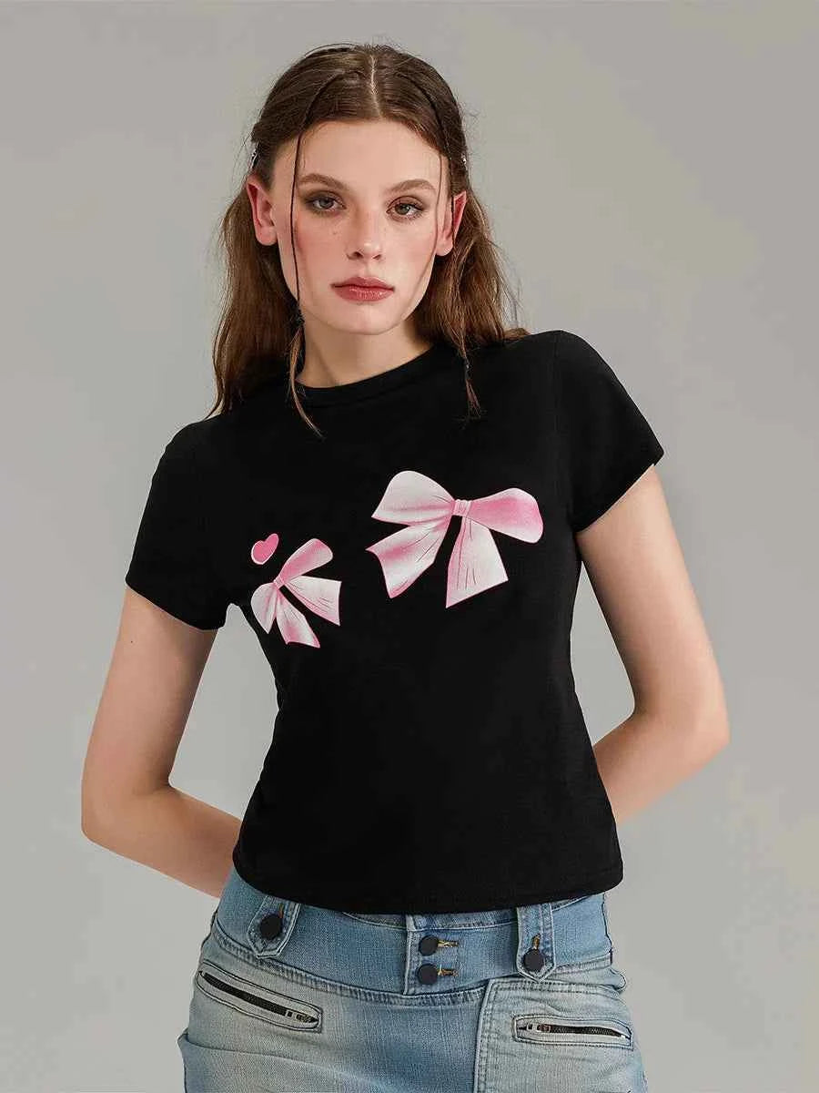 Soft Touch Bow Print Slim Fit Short T-Shirt