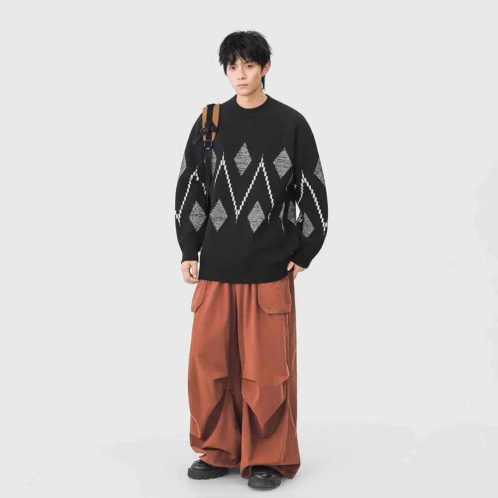 Cozy Argyle Knit Crew Neck Classic Sweater
