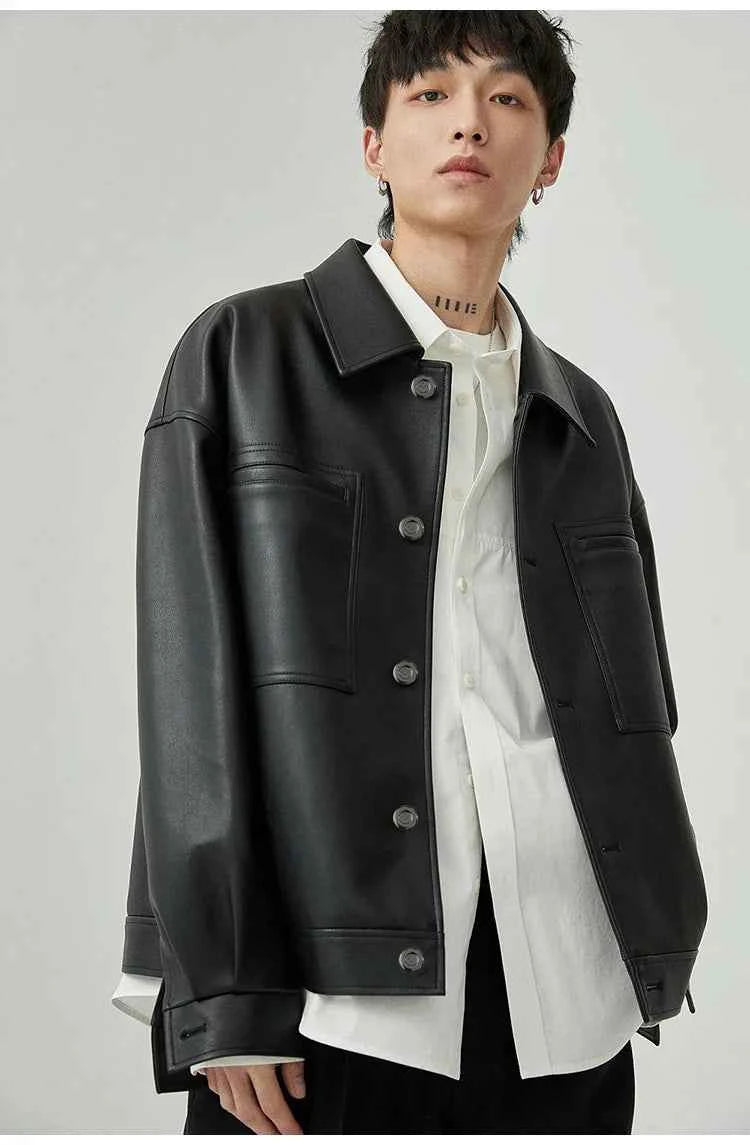 Brown And Black Oversized Faux Leather Jacket