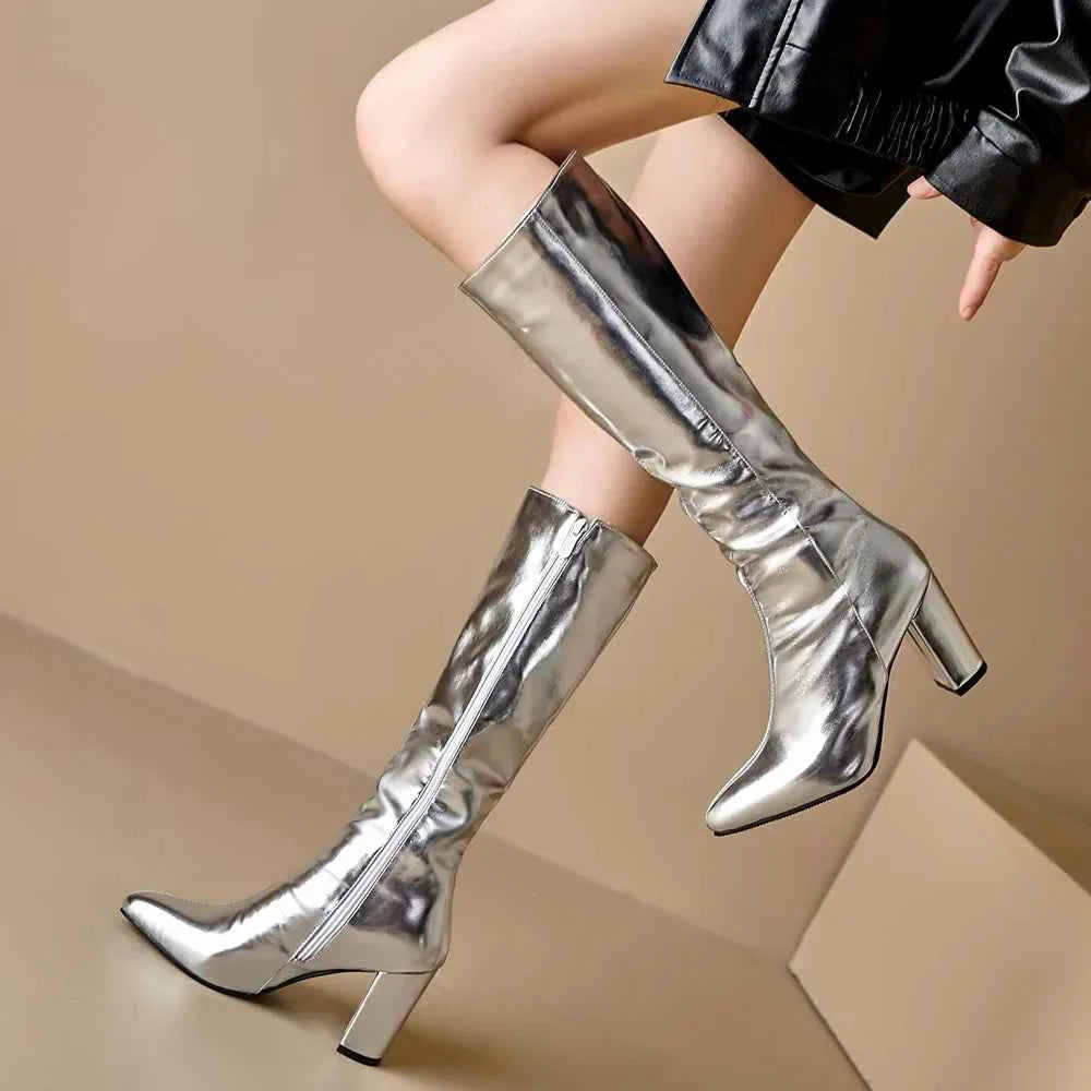 Elegant Metallic Zipper Knee High Leather Boots