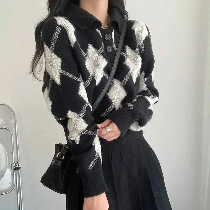 Vintage Turn-Down Collar Ulzzang Sweater - Retro Aesthetic Knitted Polo Pullover