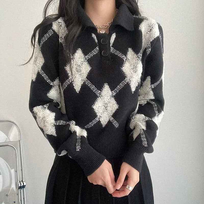Vintage Turn-Down Collar Ulzzang Sweater - Retro Aesthetic Knitted Polo Pullover