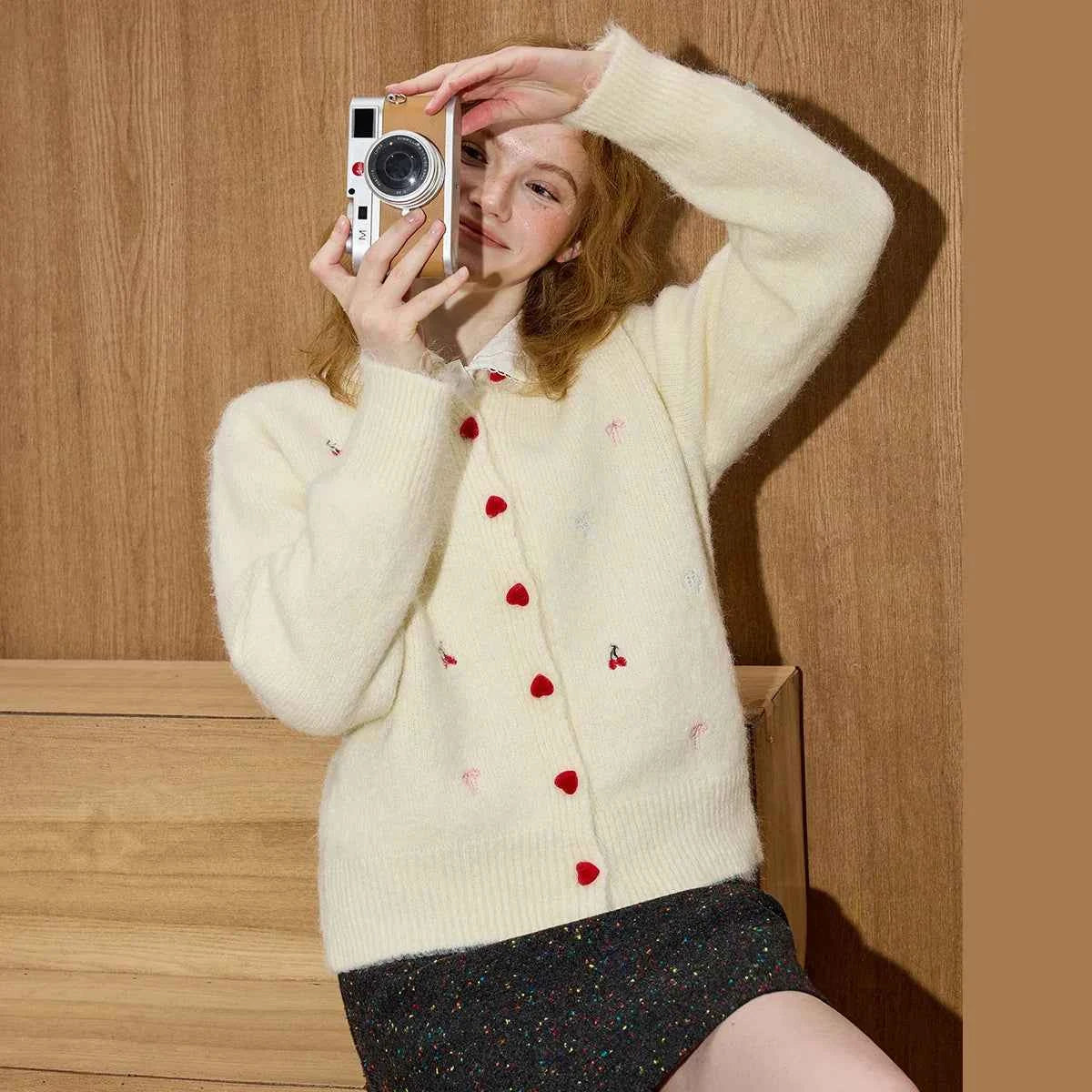 Embroidered Heart Button Knit Cardigan