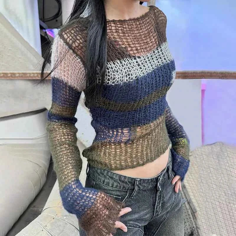 Women Streetwear Striped Hollow Out Sexy Knit Sweater