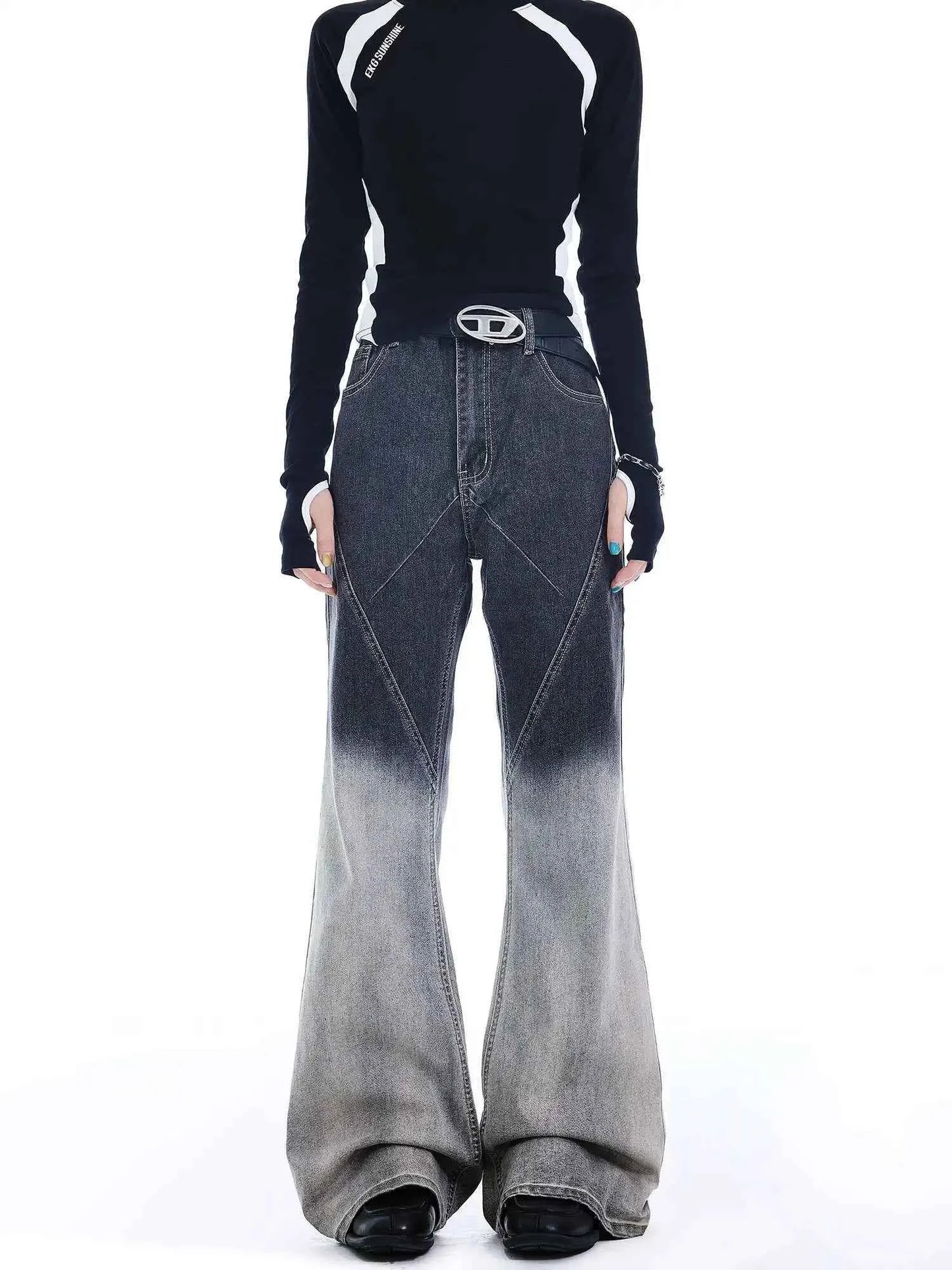 Gradient Color Patchwork Bootcut Denim Jeans