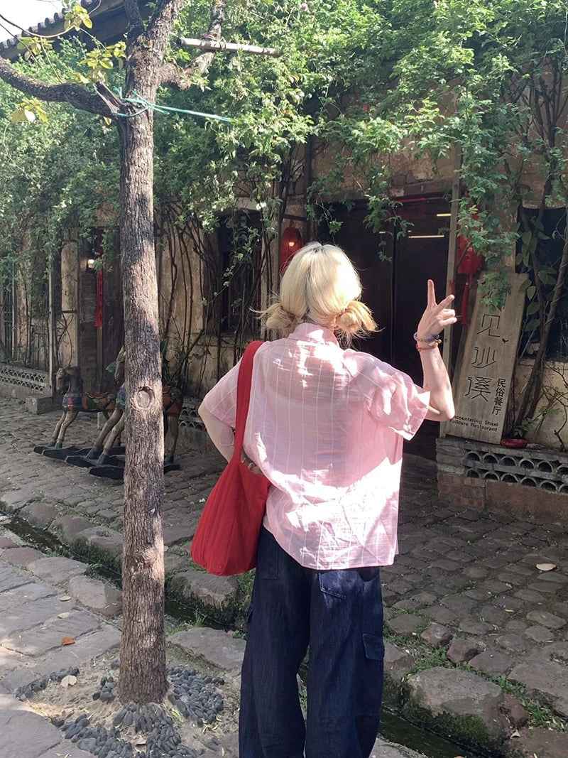 Pink Sheer Striped Blouses Summer Shirt
