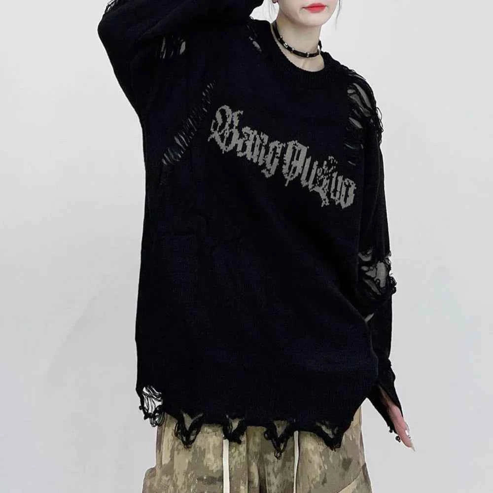 Gothing Retro Destruction Style Round Neck Sweater