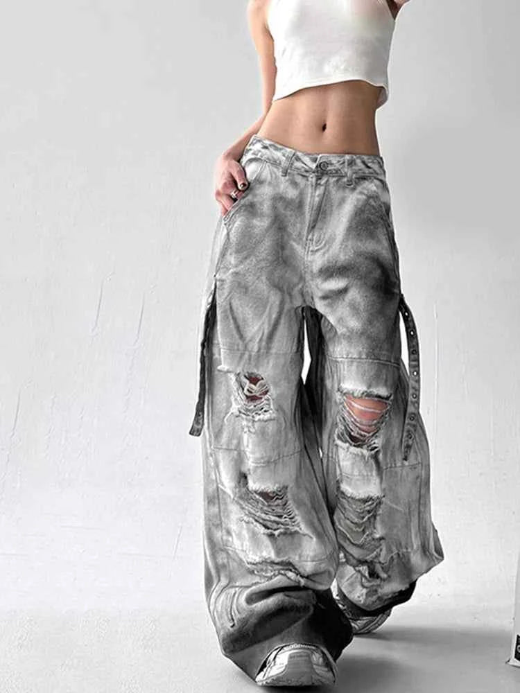 Y2K Streetwear High Waist Wide Leg Ripped Jeans