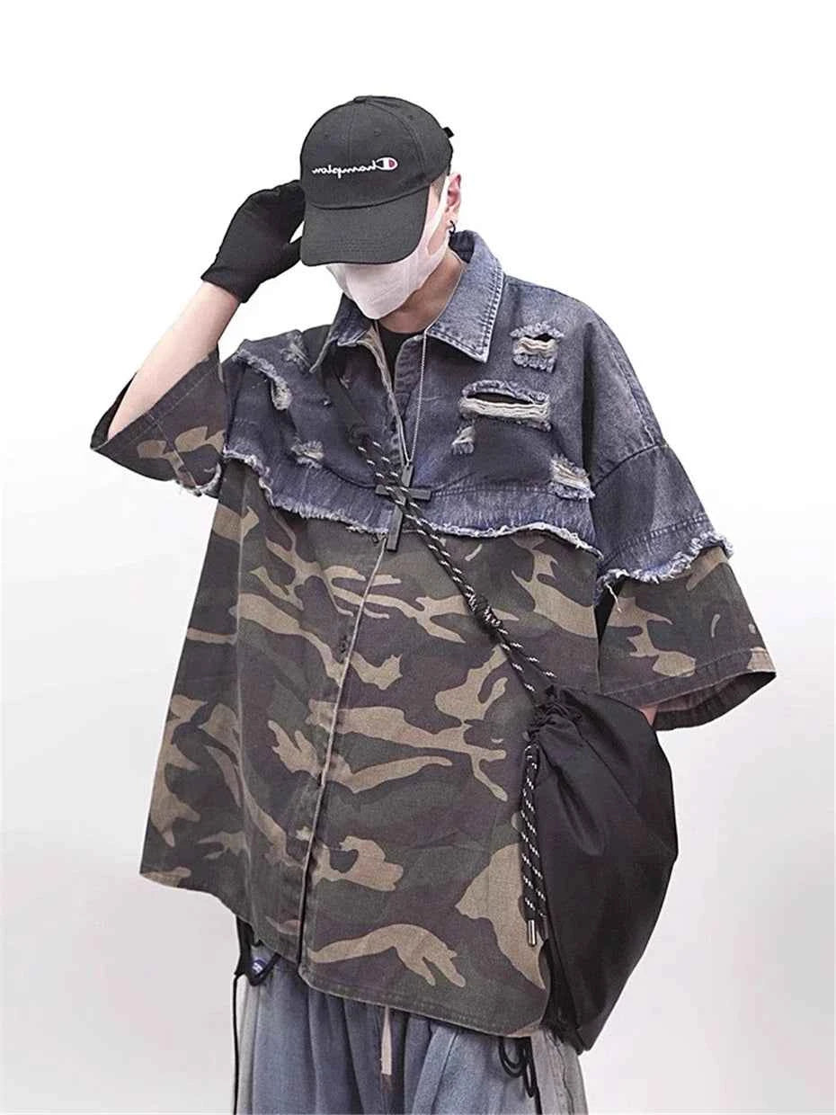 Vintage Camouflage Splicing Denim Shirt
