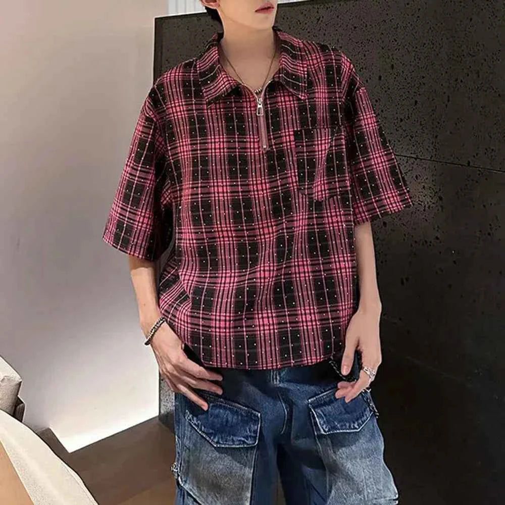 Diamond Plaid Half Zip Casual Shirt