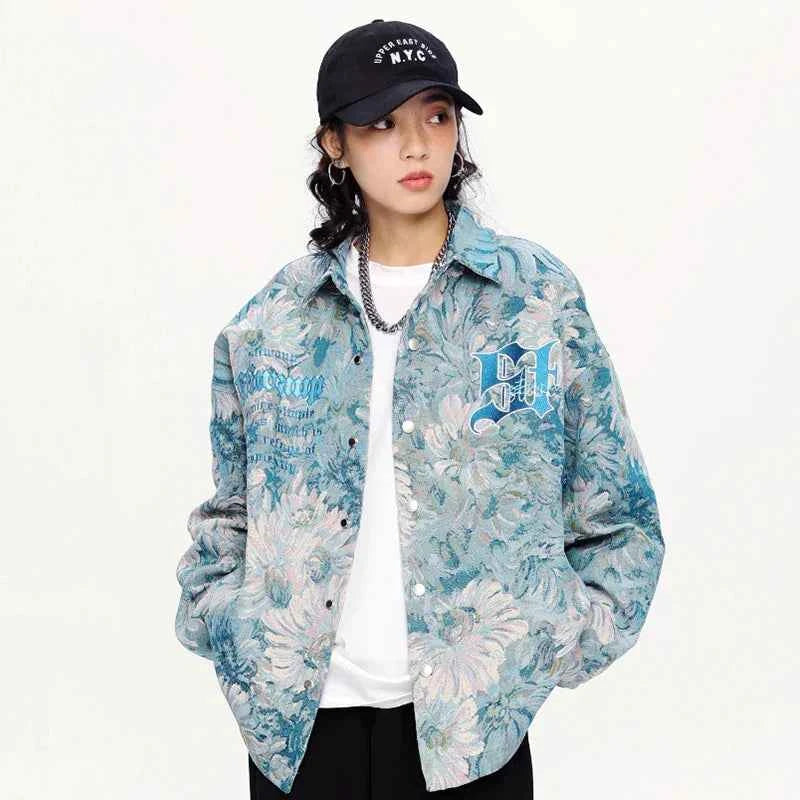 Trendy Gothic Daisy Print Varsity Jacket