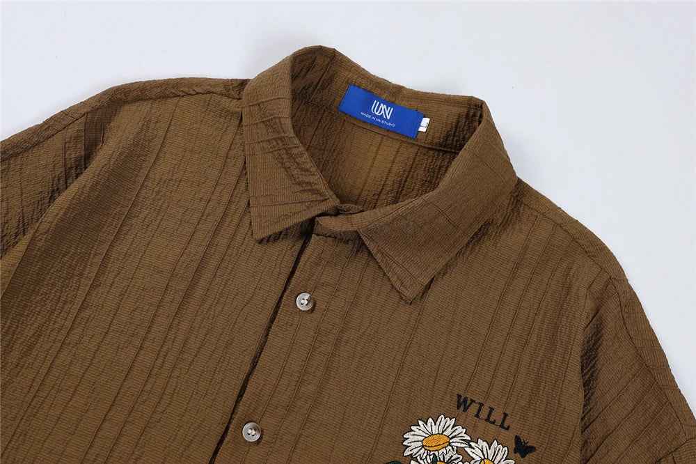 Embroidered Butterfly Button-Up Short Sleeve Shirt