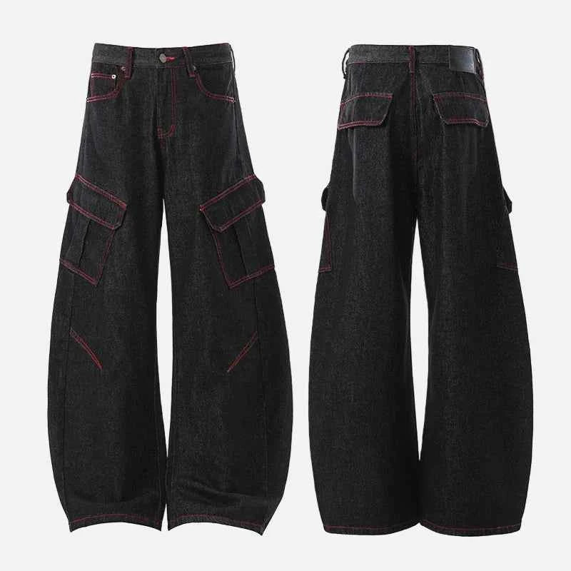 Streetwear Curved Knife Wide Leg Denim Cargo Jeans