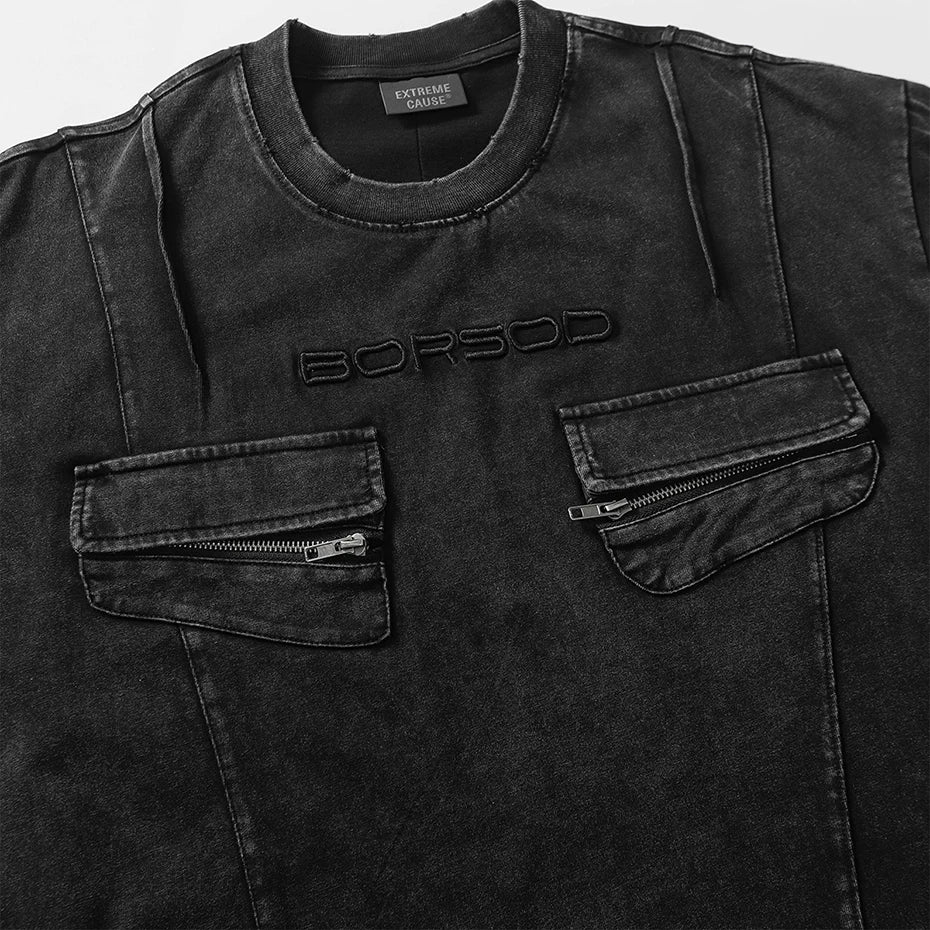 Oversized Cargo Pockets Patchwork T-Shirts