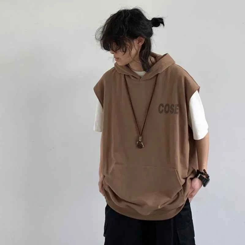 Sleeveless Cotton Letter Printed Tank Hooded T-Shirt