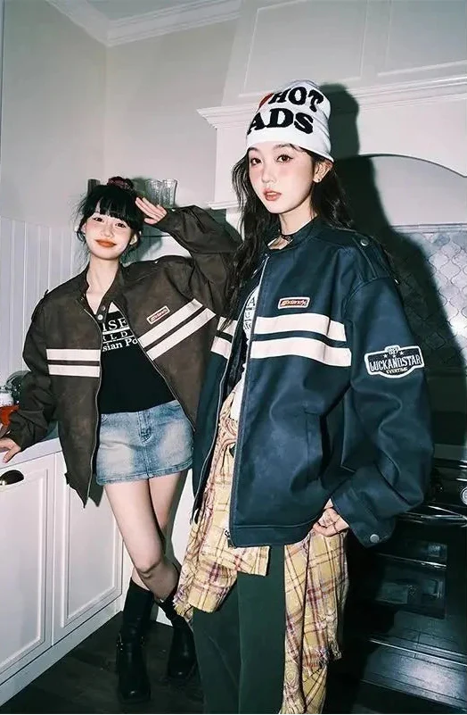 Streetwear Y2K Colorful Retro Striped Leather Jacket - Luxuryurbanwear