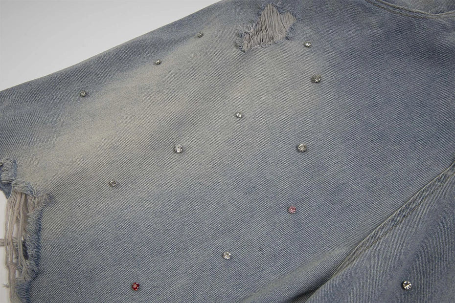 Rhinestone Denim Ripped Shorts
