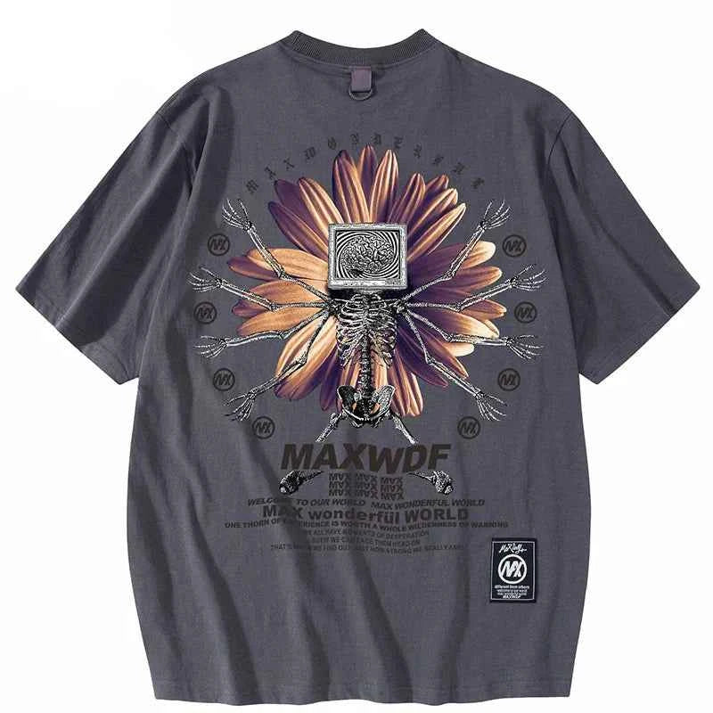 Oversize Skeleton Flower Printed Cotton T-Shirt