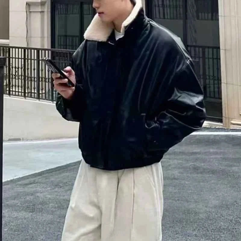 Detachable Fur Collar Thick Velvet Lined Leather Jacket