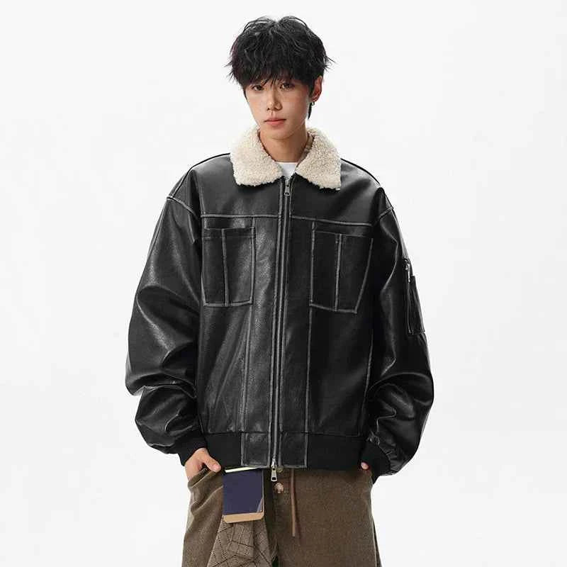 Patchwork Padded Faux Fur Collar Leather Jacket