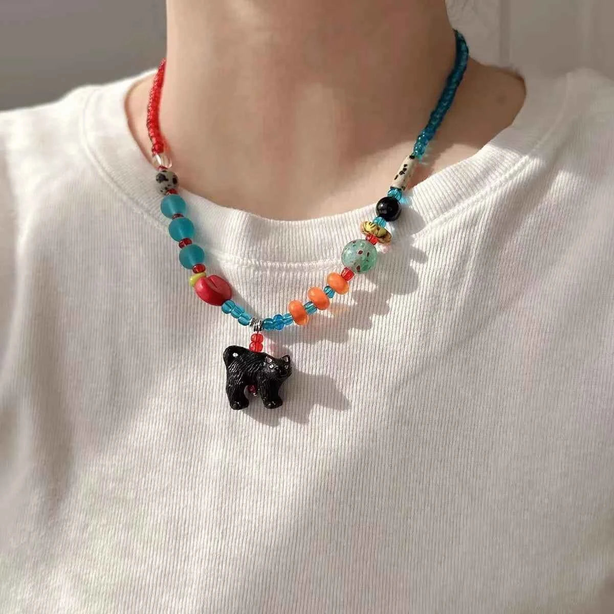 Colorful Delicate Cute Bear Pendant Choker Necklace