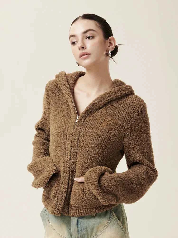 Cozy Vintage Brown Plush Hooded Puffer Sweatshirt